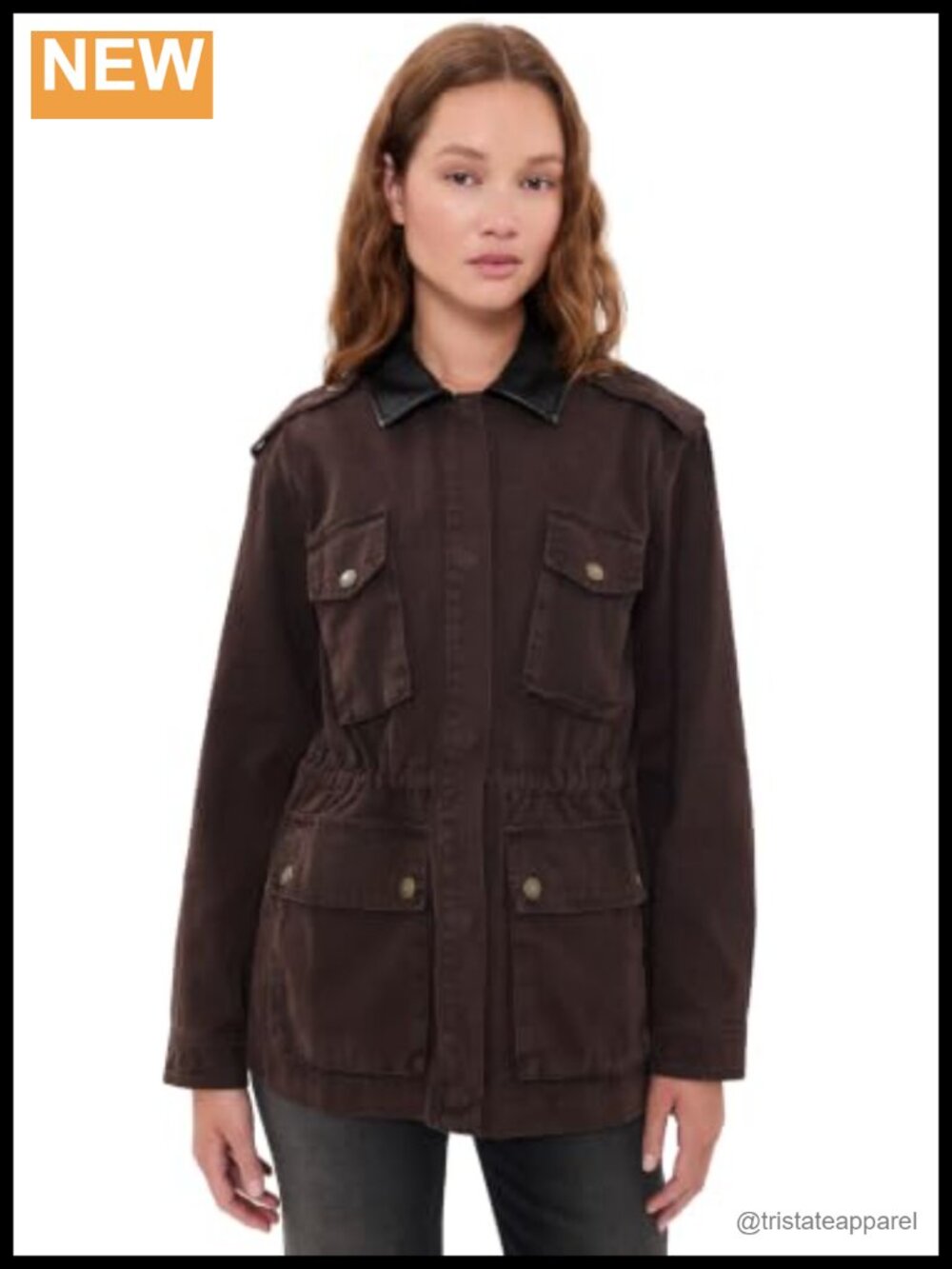 Women's Casual Twill Field Jacket Faux Leather Collar